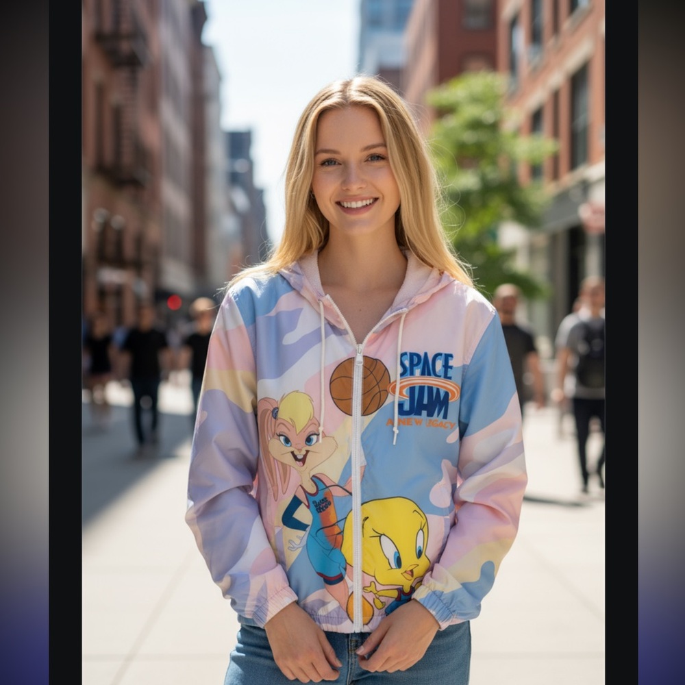 NWOT Members Only Pink and Blue Cartoon Hoodie Windbreaker